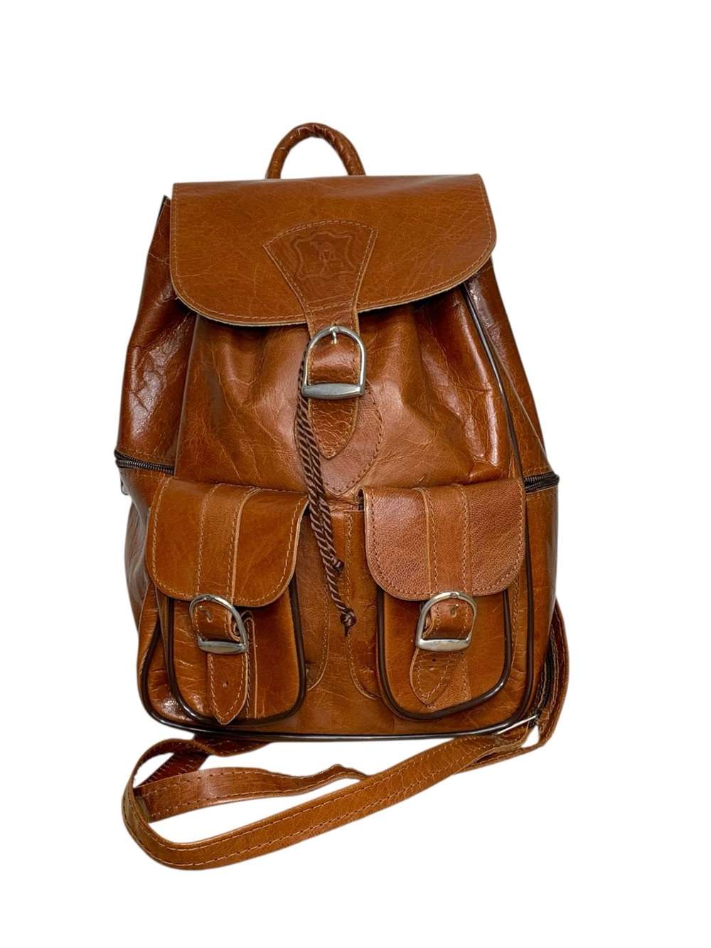 Artisanal Camel Brown Leather Backpack Front Pockets Convertible Sling bag